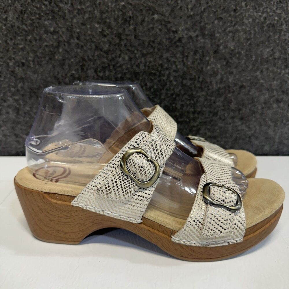 Dansko Platform Sandals Cream EU 40 US 9 Snakeskin Print Strap Buckle Wedge B15